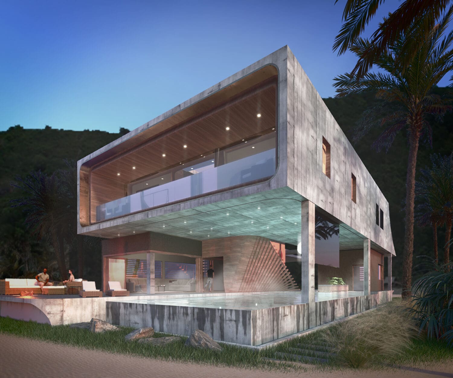 Exterior architectural rendering with wood and concrete and an infinity pool