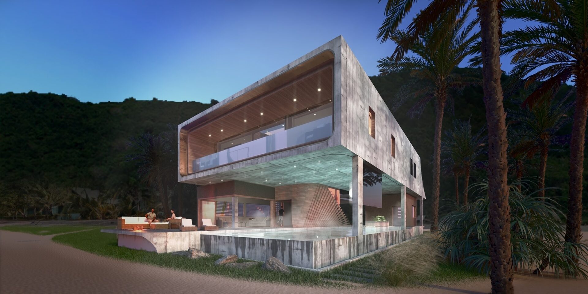 Exterior architectural rendering with wood and concrete and an infinity pool