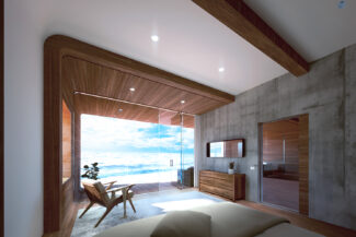 Interior architectural rendering of a bedroom with sea view made of wood and concrete