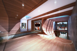BEND House: Architectural rendering of the Interiors comprised of bent wood and concrete