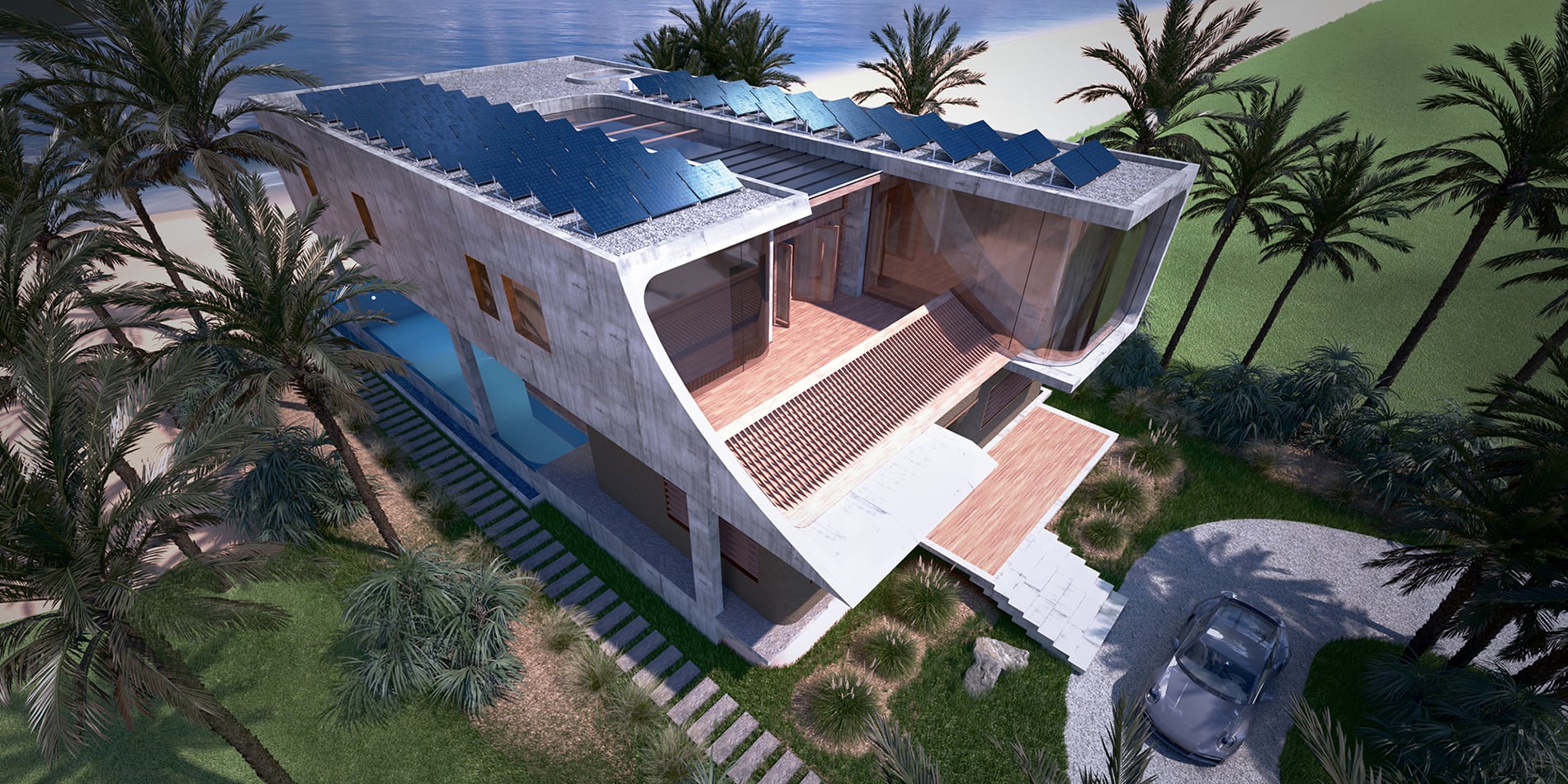 Exterior architectural rendering with wood and concrete