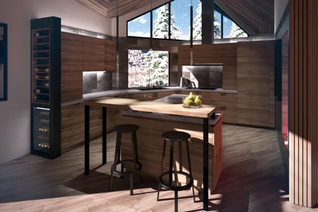 Kitchen Rendering of a House in Niseko with Timber Panels