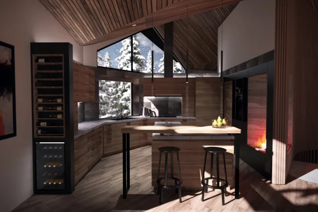 Kitchen Rendering of a House in Niseko with Timber Panels