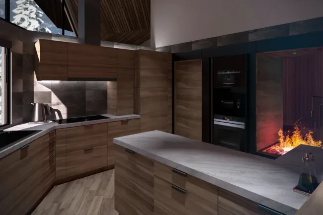 Kitchen Rendering of a House in Niseko with Timber Panels