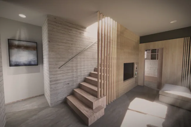 Interior Rendering of a Timber and Concrete House in Niseko Japan