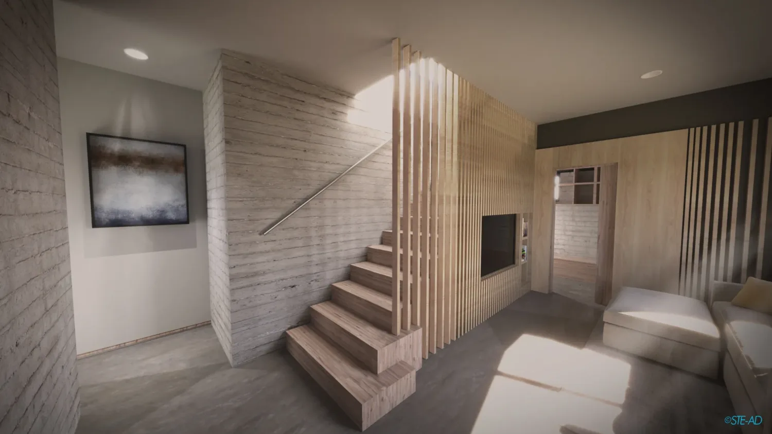 Interior Rendering of Timber Staircase and Concrete Walls