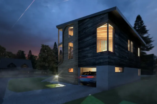 Exterior Rendering View of a House with Concrete, Burnt Timber, Natural Timber at Night in a Suburban Setting in Niseko Japan