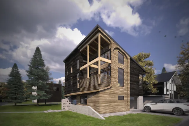 Exterior Rendering View of a House with Concrete, Burnt Timber, Natural Timber at Daytime in a Suburban Setting in Niseko Japan