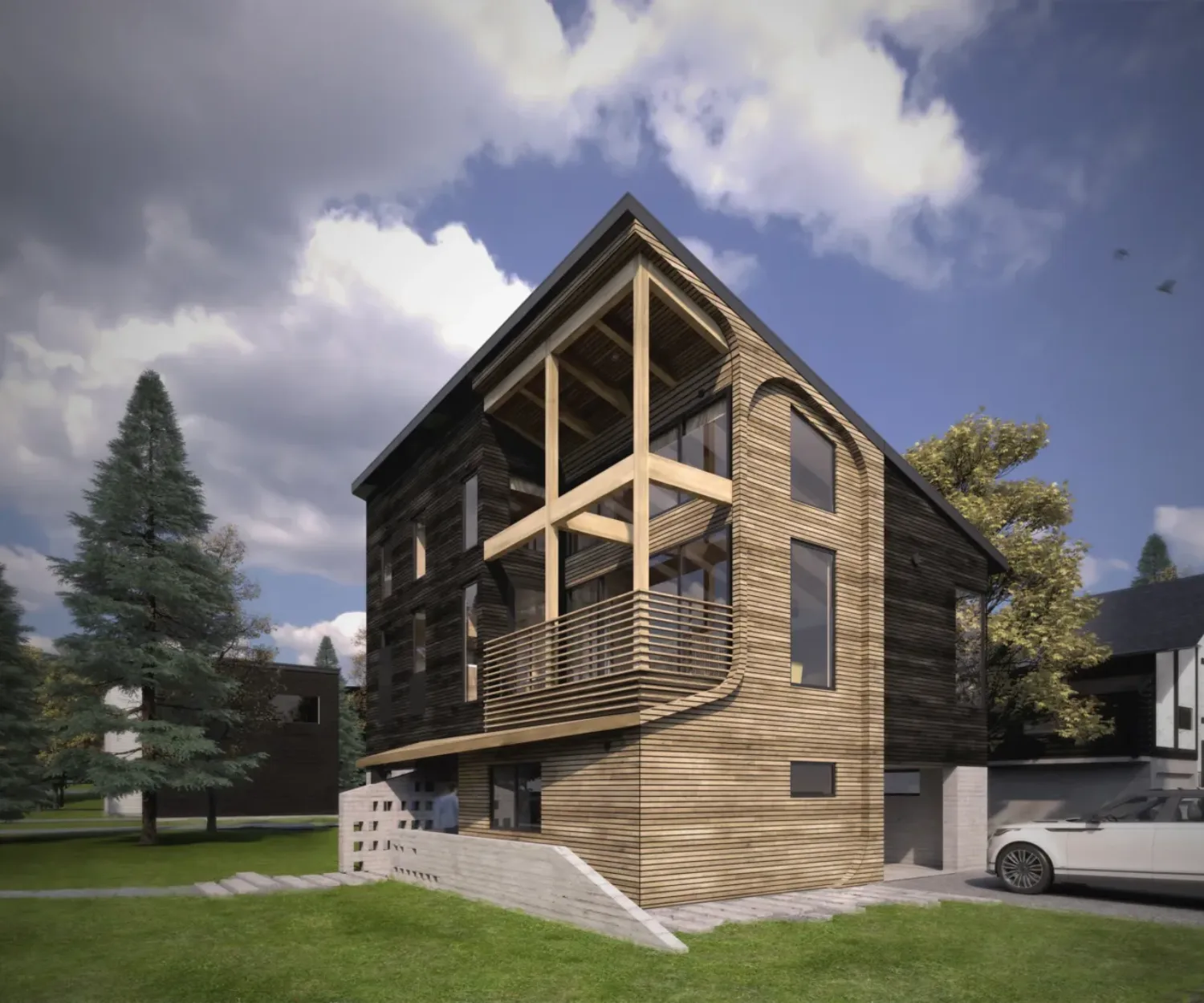 Exterior Rendering View of a House with Concrete, Burnt Timber, Natural Timber at Daytime in a Suburban Setting in Niseko Japan
