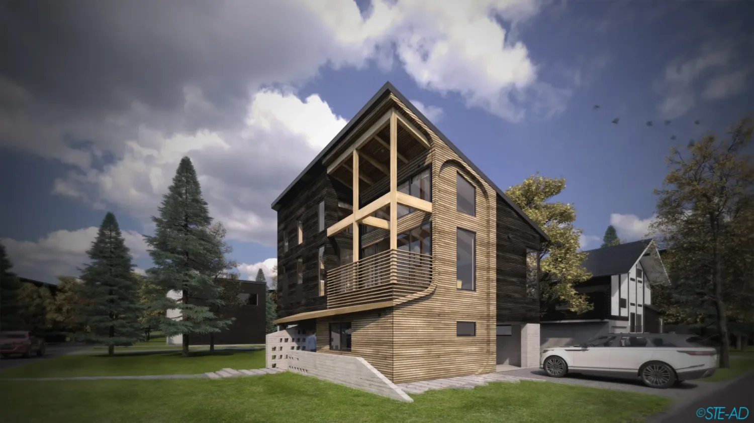 Exterior Rendering View of a House with Concrete, Burnt Timber, Natural Timber at Daytime in a Suburban Setting in Niseko Japan
