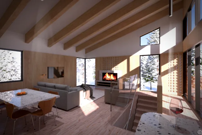 Architectural Renderings - Interior Rendering of a Ski Cabin-inspired living room in a house in Niseko Japan