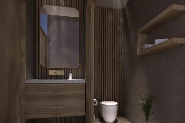 Bathroom architectural rendering with timber cladding, hardwood floors and earth-toned plaster walls