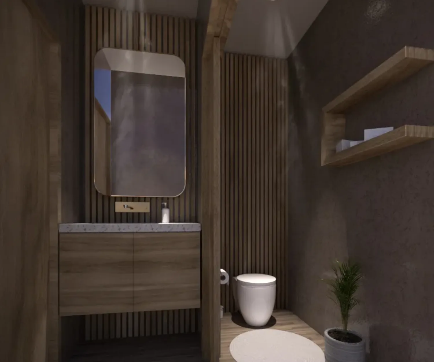 Bathroom architectural rendering with timber cladding, hardwood floors and earth-toned plaster walls