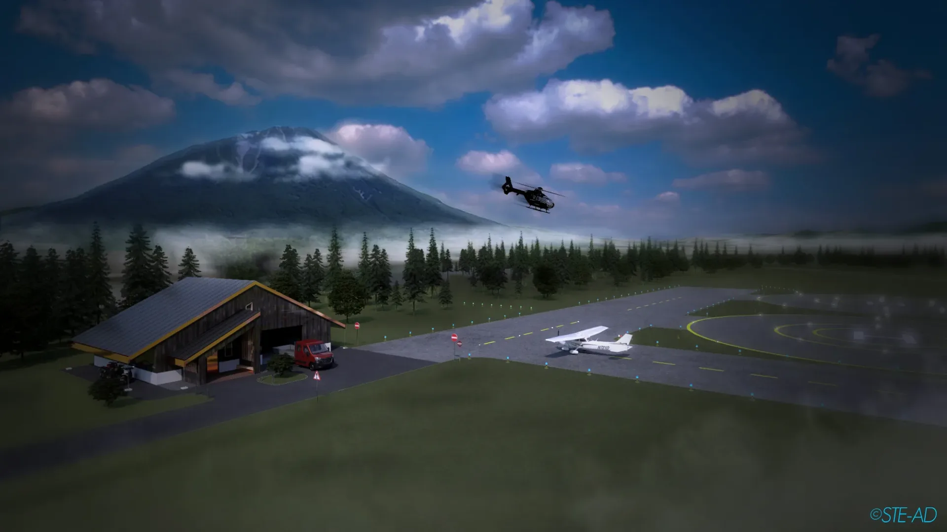 Architectural Exterior Aerial Perspective Rendering of a Shed for a Landing Strip and Helipad Park in Makkari Hokkaido Niseko Japan