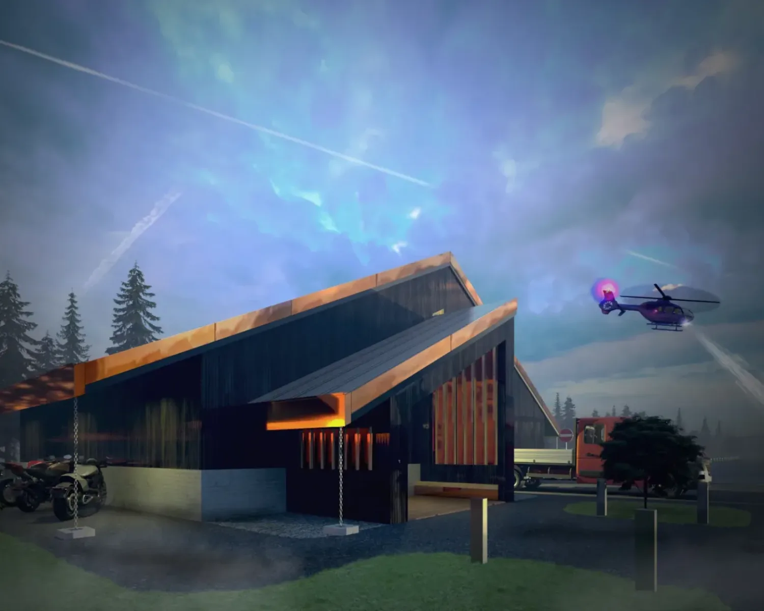 Architectural Exterior Rendering of a Shed for a Landing Strip and Helipad Park in Makkari Hokkaido Niseko Japan