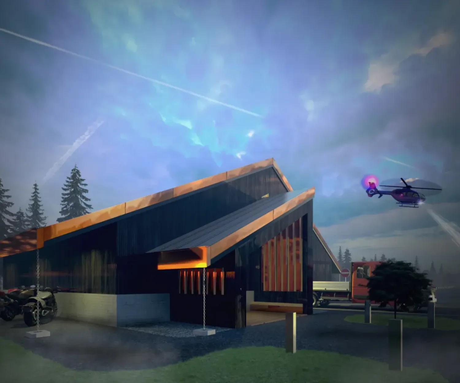 Architectural Exterior Rendering of a Shed for a Landing Strip and Helipad Park in Makkari Hokkaido Niseko Japan