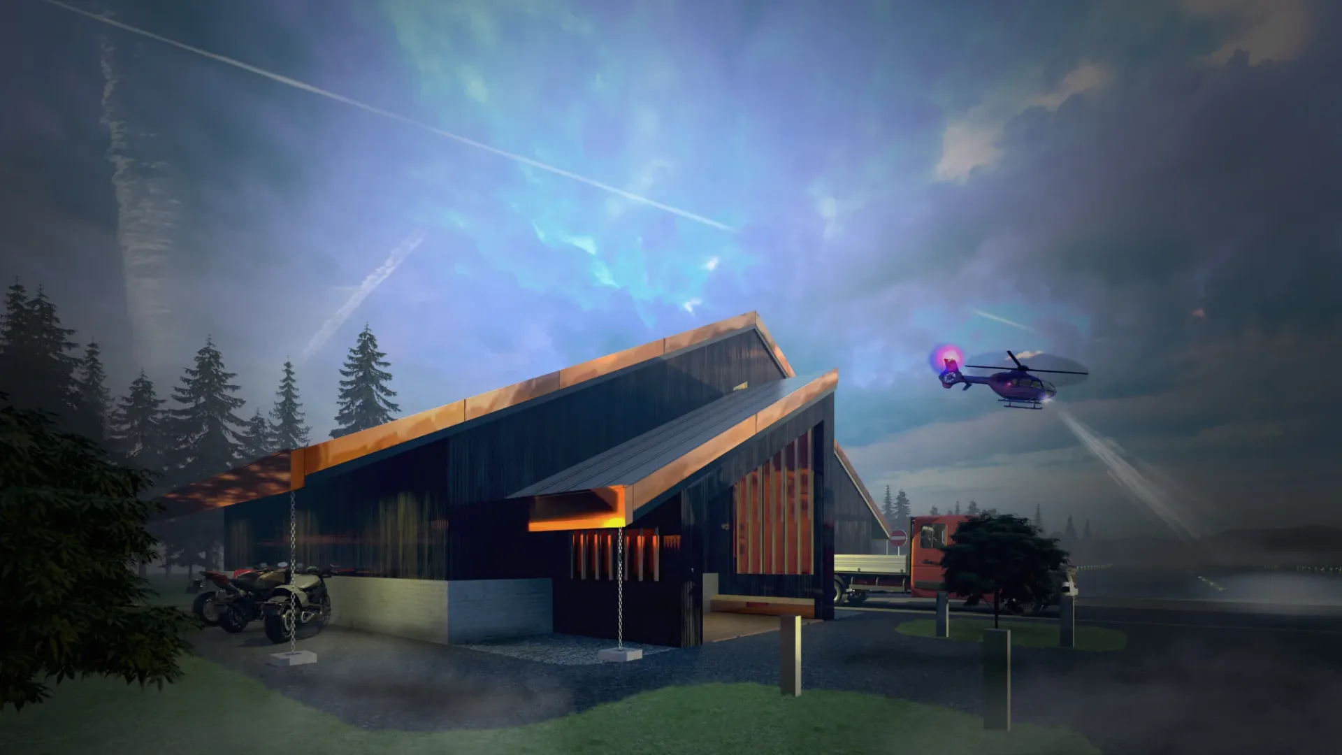 Architectural Exterior Rendering of a Shed for a Landing Strip and Helipad Park in Makkari Hokkaido Niseko Japan