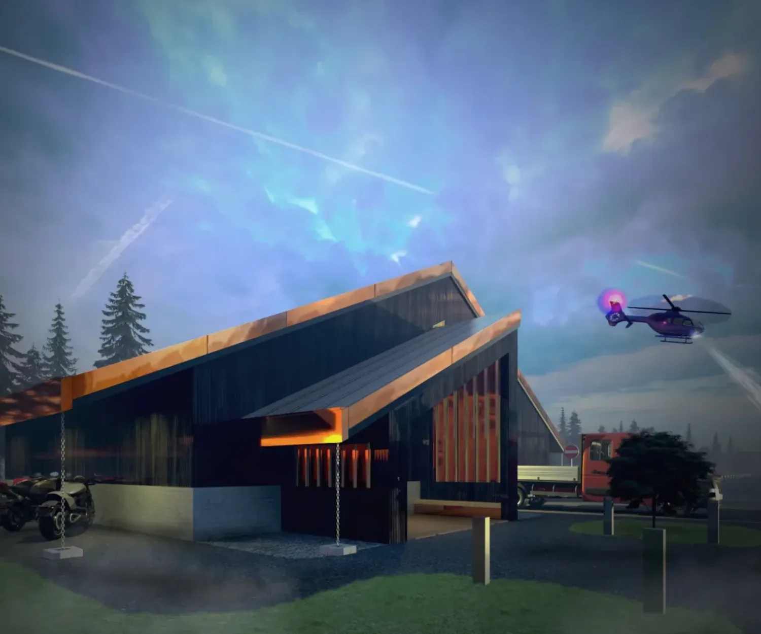 Architectural Exterior Rendering of a Shed for a Landing Strip and Helipad Park in Makkari Hokkaido Niseko Japan