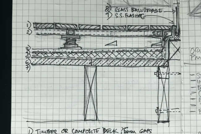 Notebook Sketches for Architectural Design of a House - Origami House Exterior Raised Floor Wood Deck