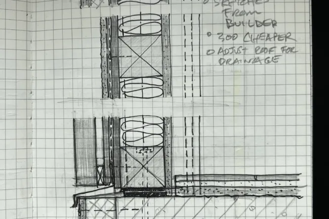 Notebook Sketches for Architectural Design of a House - Exterior Wall at Slab Edge with Wood Slat Cladding