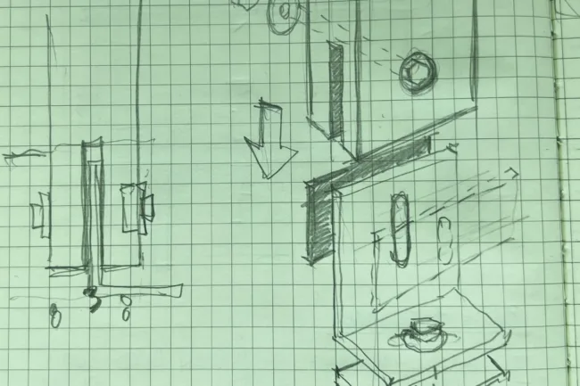 Notebook Sketches for Architectural Design of a House - 3D Sketch of Steel Structural Angle for Wood Member