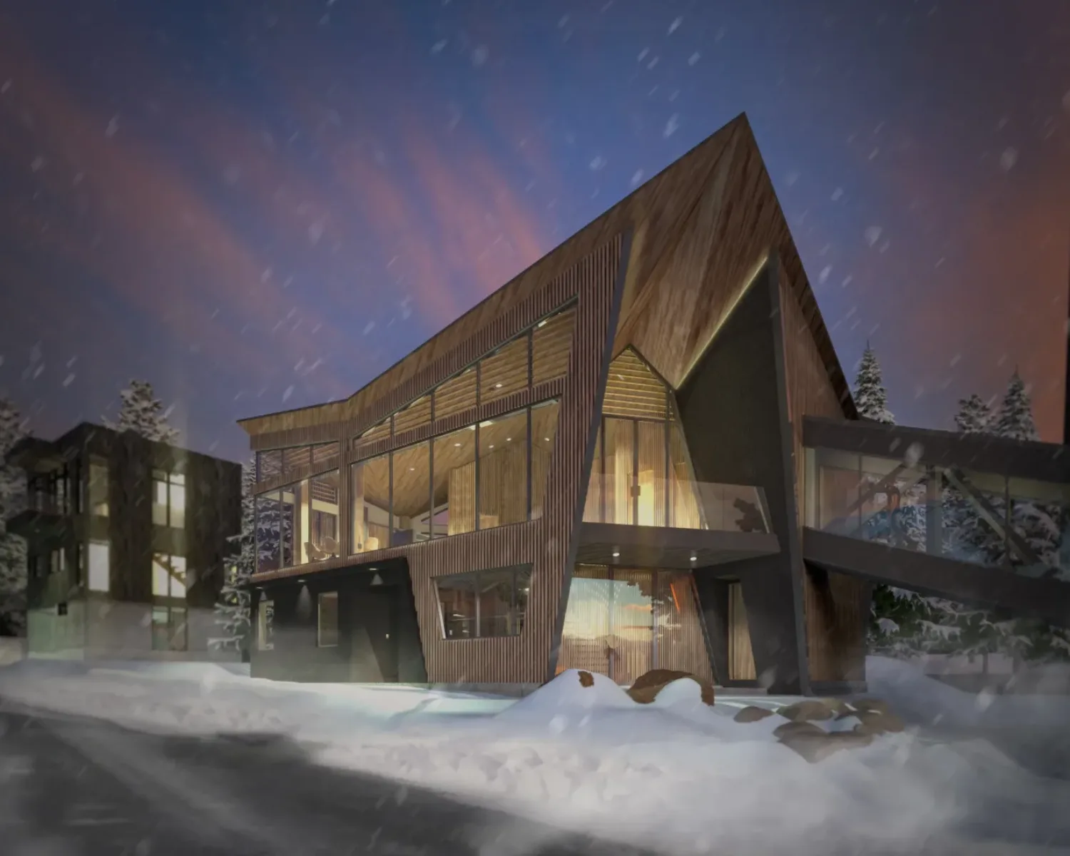 Origami House Exterior View Rendering at Sunset with Snow