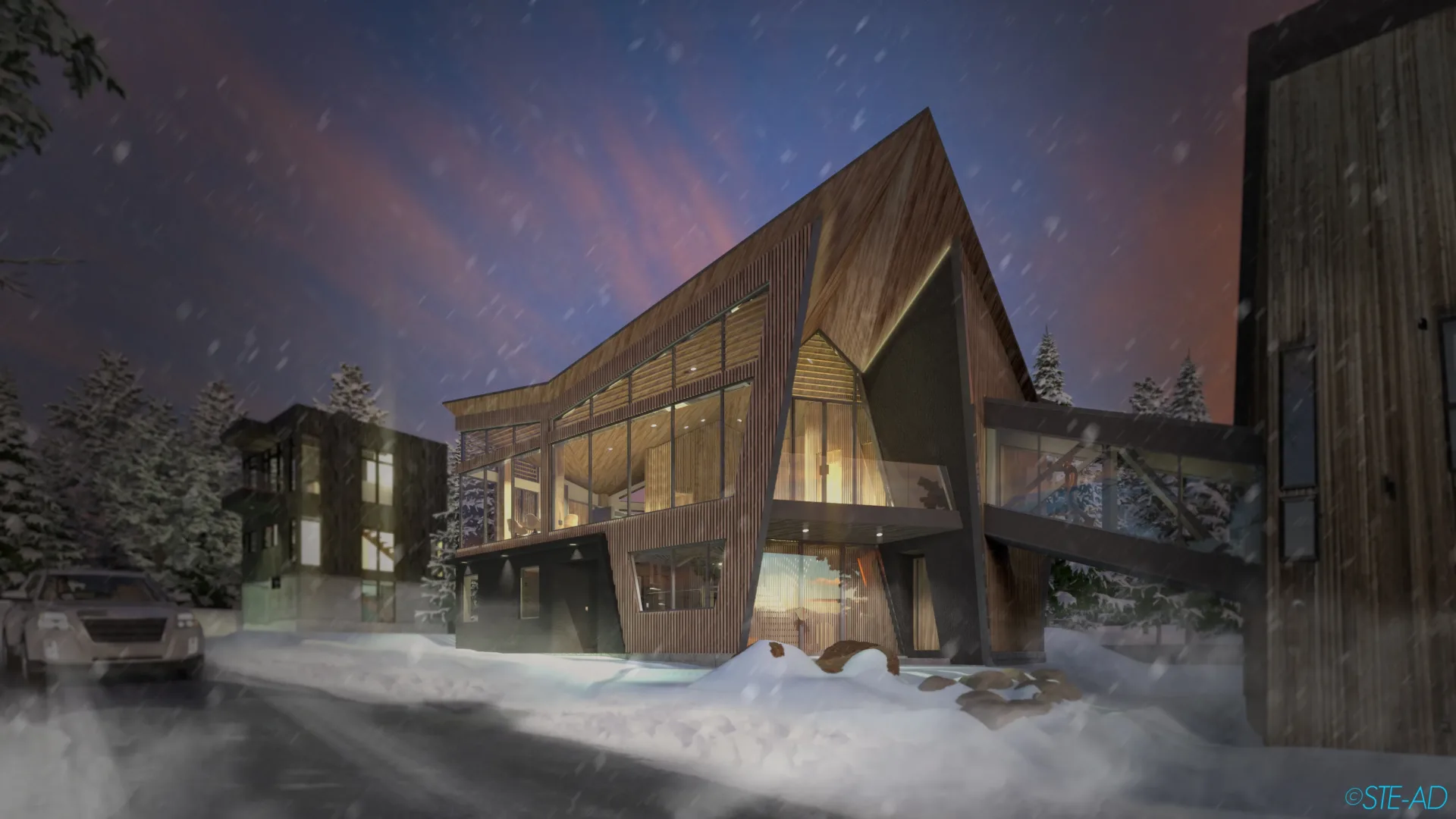 Origami House Exterior View Rendering at Sunset with Snow