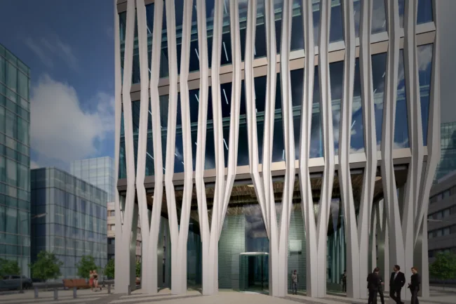 Architectural day time rendering of a tower with white inclined columns and timber (wood) ceiling and arcade soffit