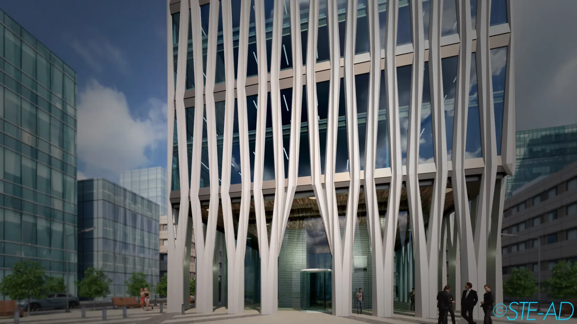 Facade Design Services - Architectural day time rendering of a tower with white inclined columns and timber (wood) ceiling and arcade soffit