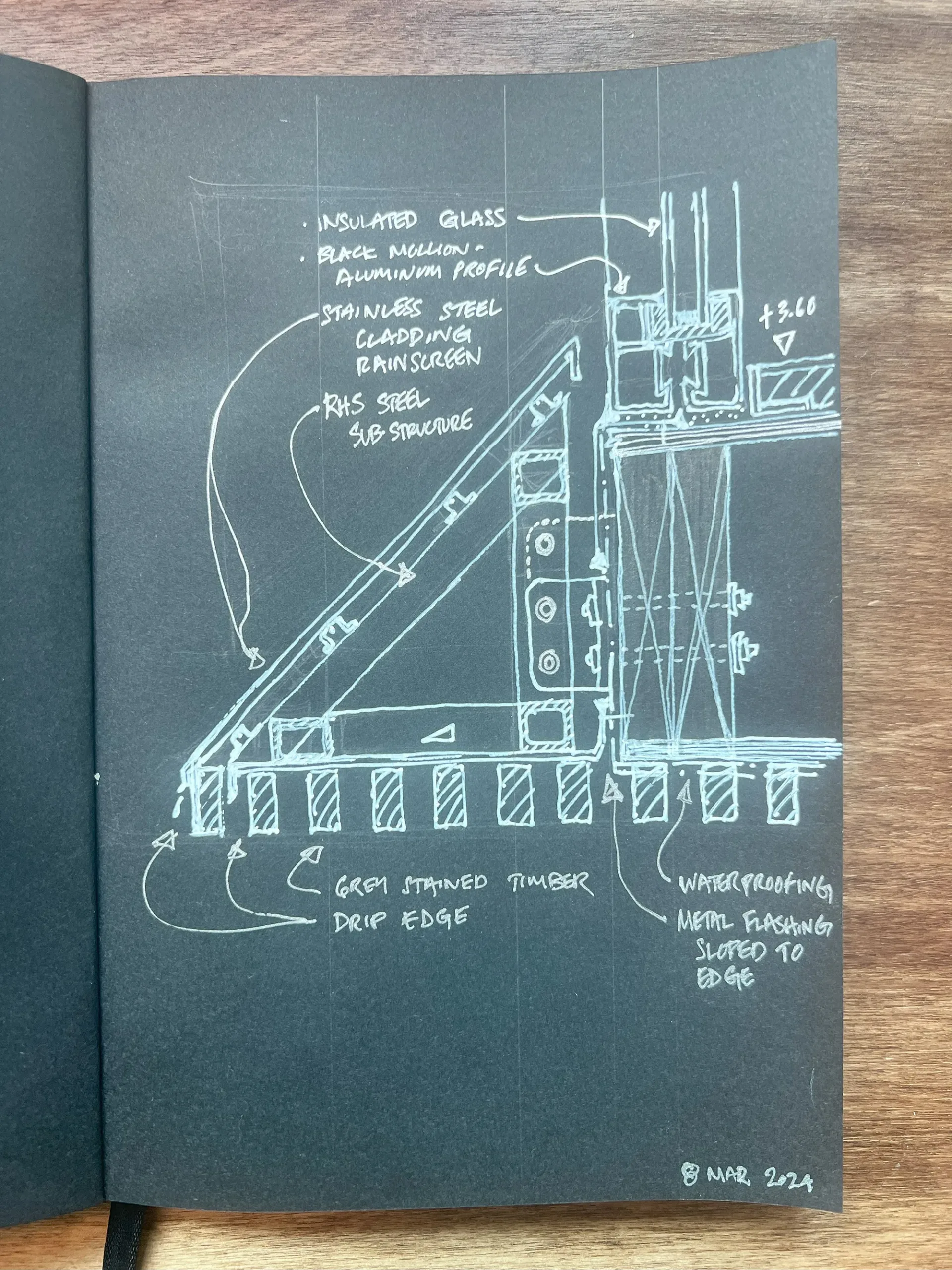 Architectural sketch of a facade wood slat and stainless steel rainscreen and glass detail in white ink on black paper