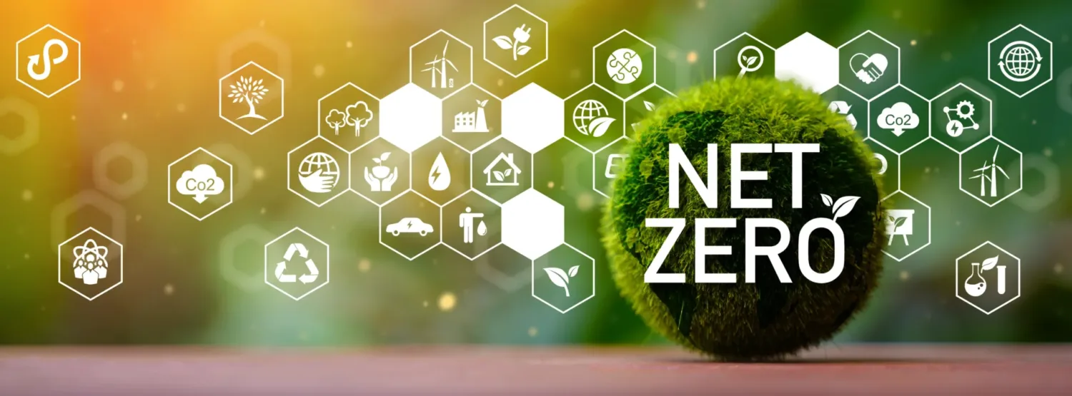 net zero building graphic icon image of next zero text with a green ball and sustainable elements icons