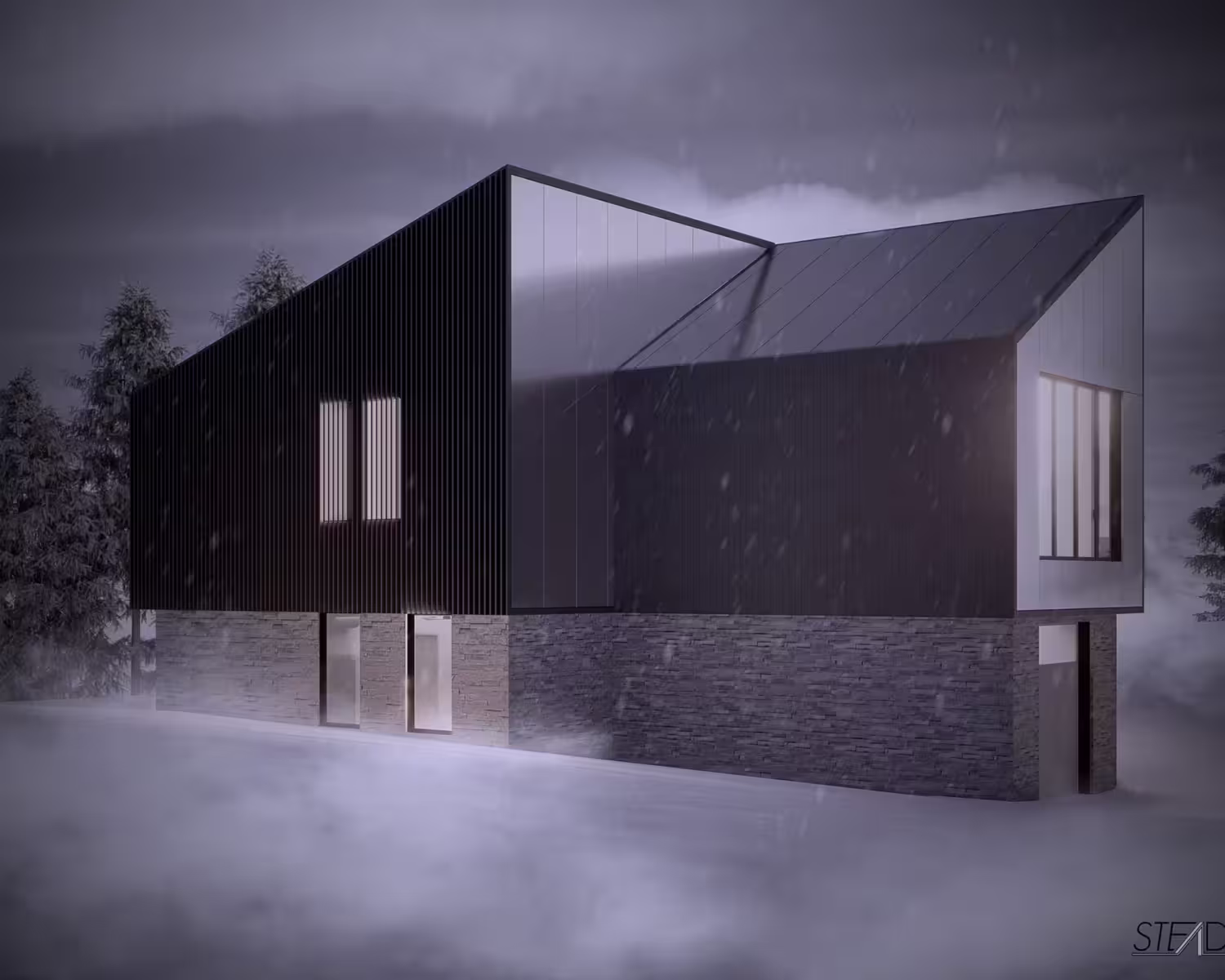 Architecture Services - Architectural rendering of a stone and dark stained wood louver house in Japan