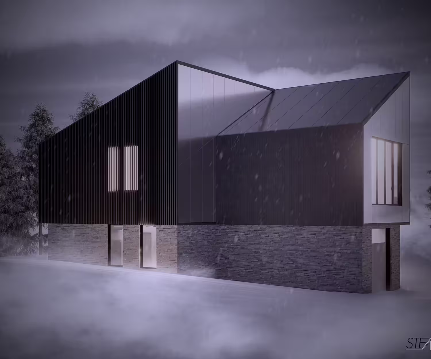 Architecture Services - Architectural rendering of a stone and dark stained wood louver house in Japan
