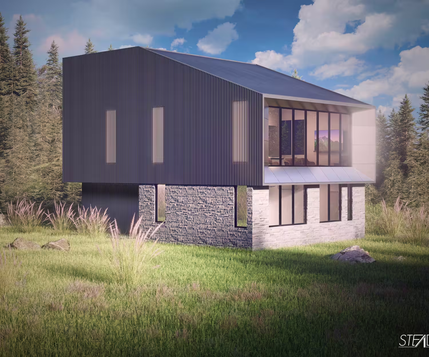 Architectural rendering of a stone and dark stained wood louver house in Japan