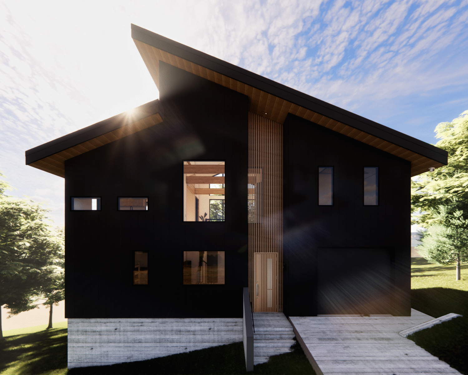 Architectural Rendering of Madarao House in Nagano Japan, with black exterior cladding and sloped roofs, designed by STEAD Architecture and Design based in Hong Kong