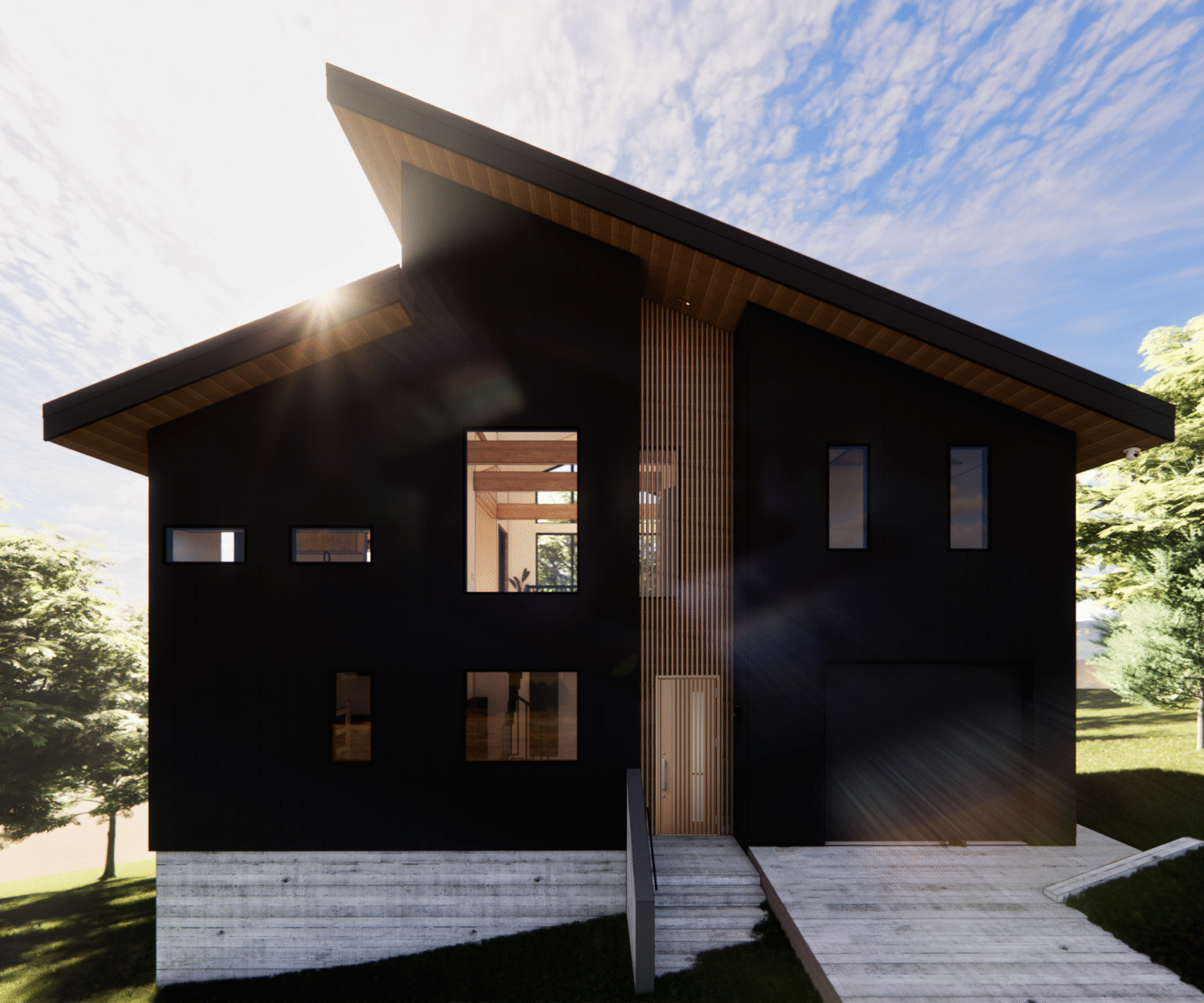 Architectural Rendering of Madarao House in Nagano Japan, with black exterior cladding and sloped roofs, designed by STEAD Architecture and Design based in Hong Kong