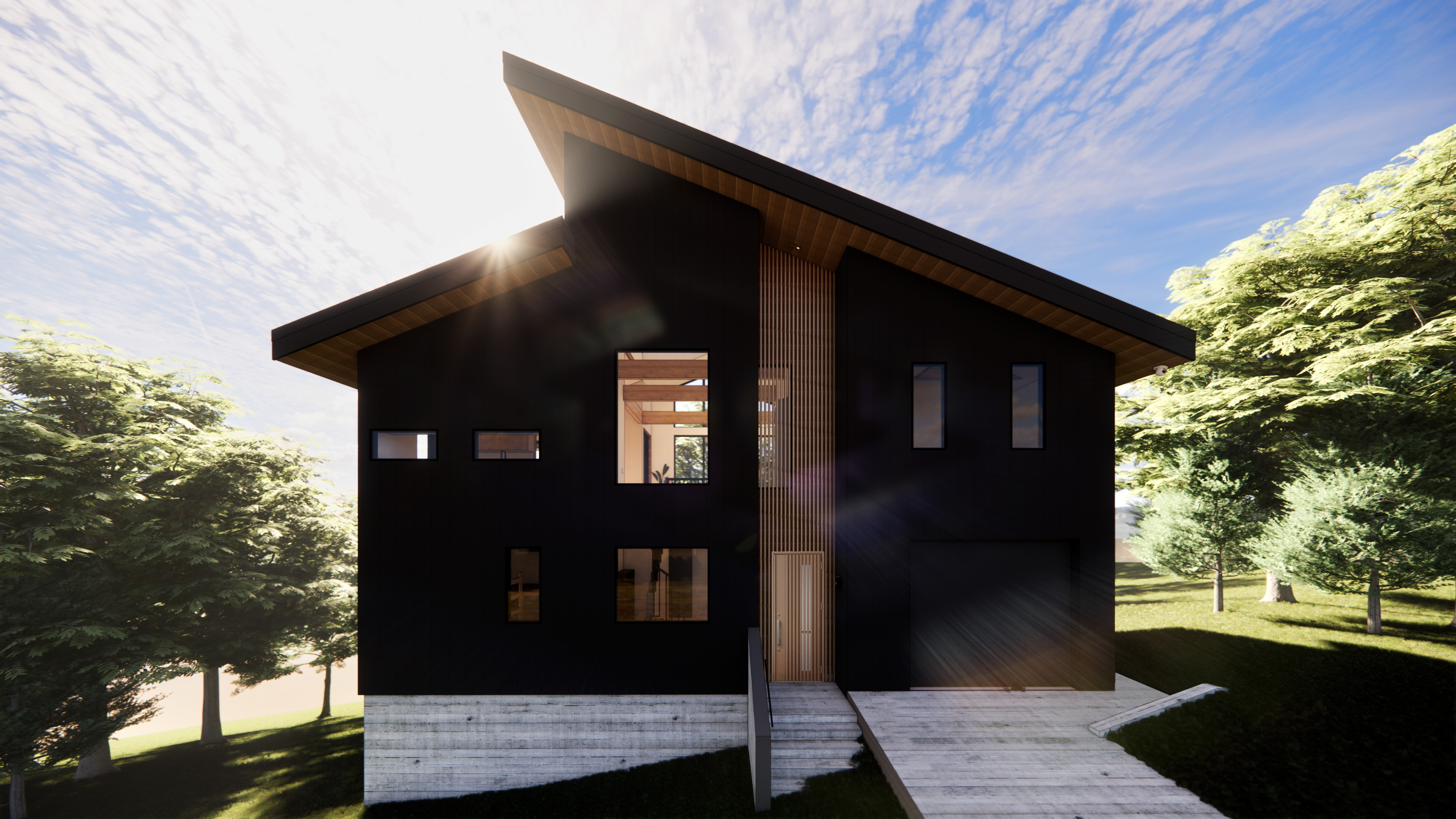 Architectural Rendering of Madarao House in Nagano Japan, with black exterior cladding and sloped roofs, designed by STEAD Architecture and Design based in Hong Kong