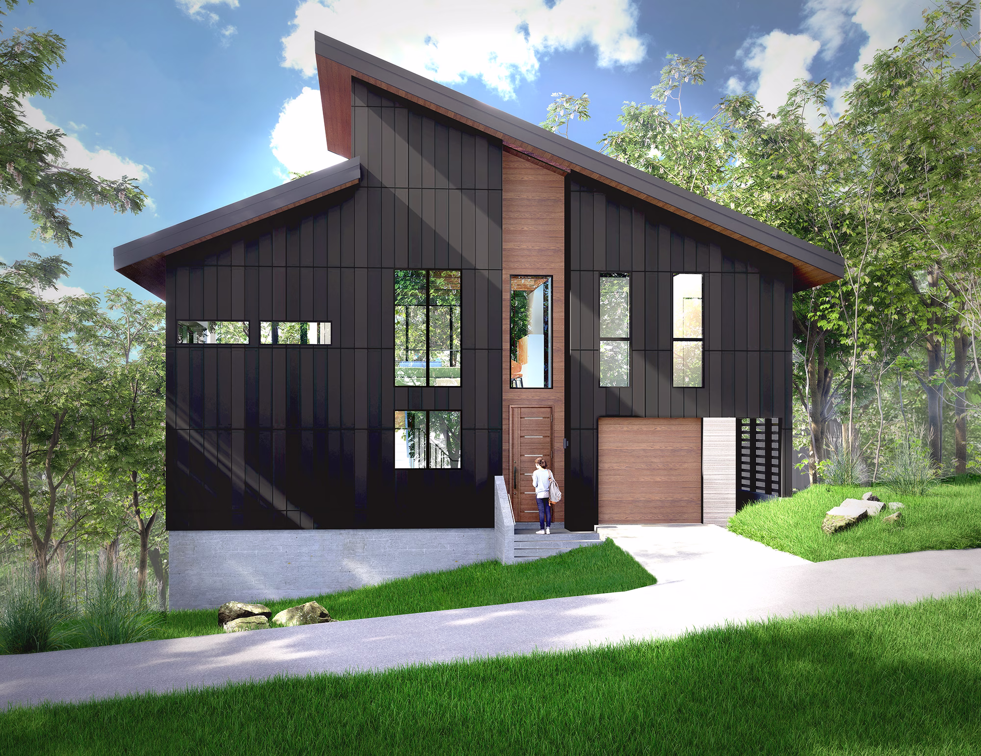 STEAD_2024-004_Scene 2_Final_2000x Rendering of a black metal house with wood and concrete in the forest of Nagano Japan