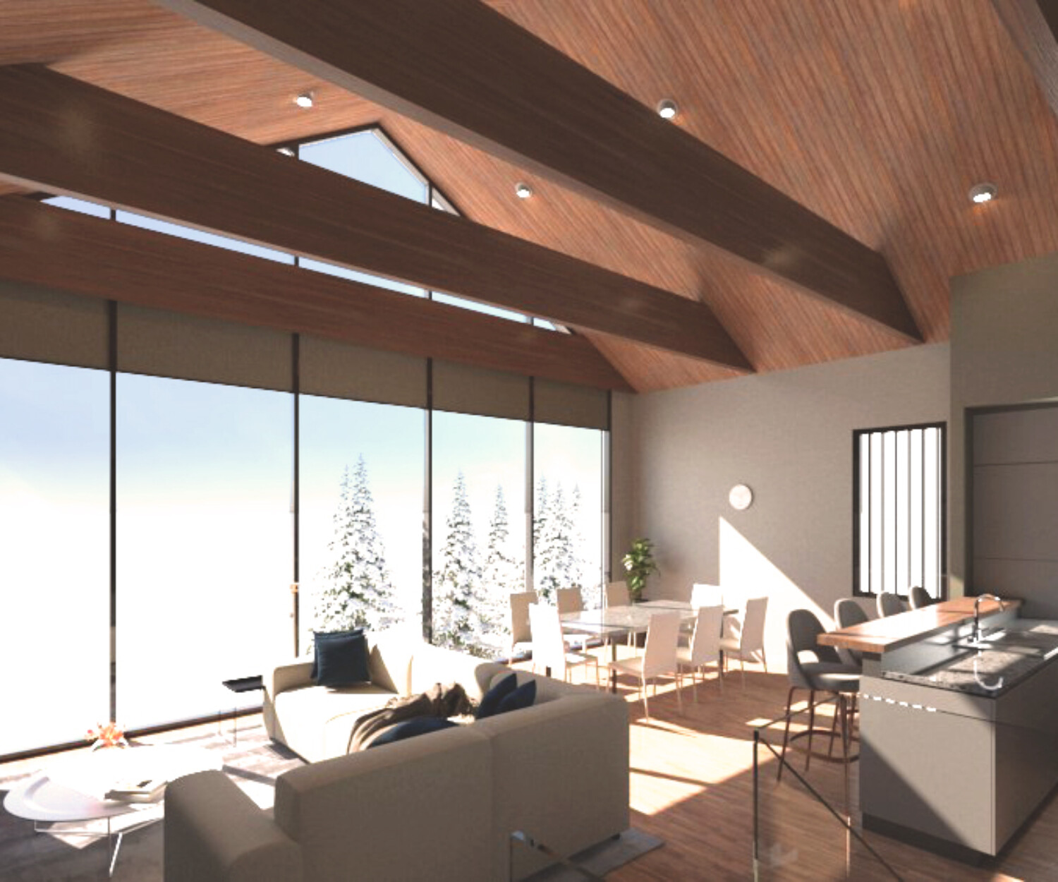 Architectural rendering of a modern wood house in Kabayama Niseko Hokkaido Japan Living Room with Beams