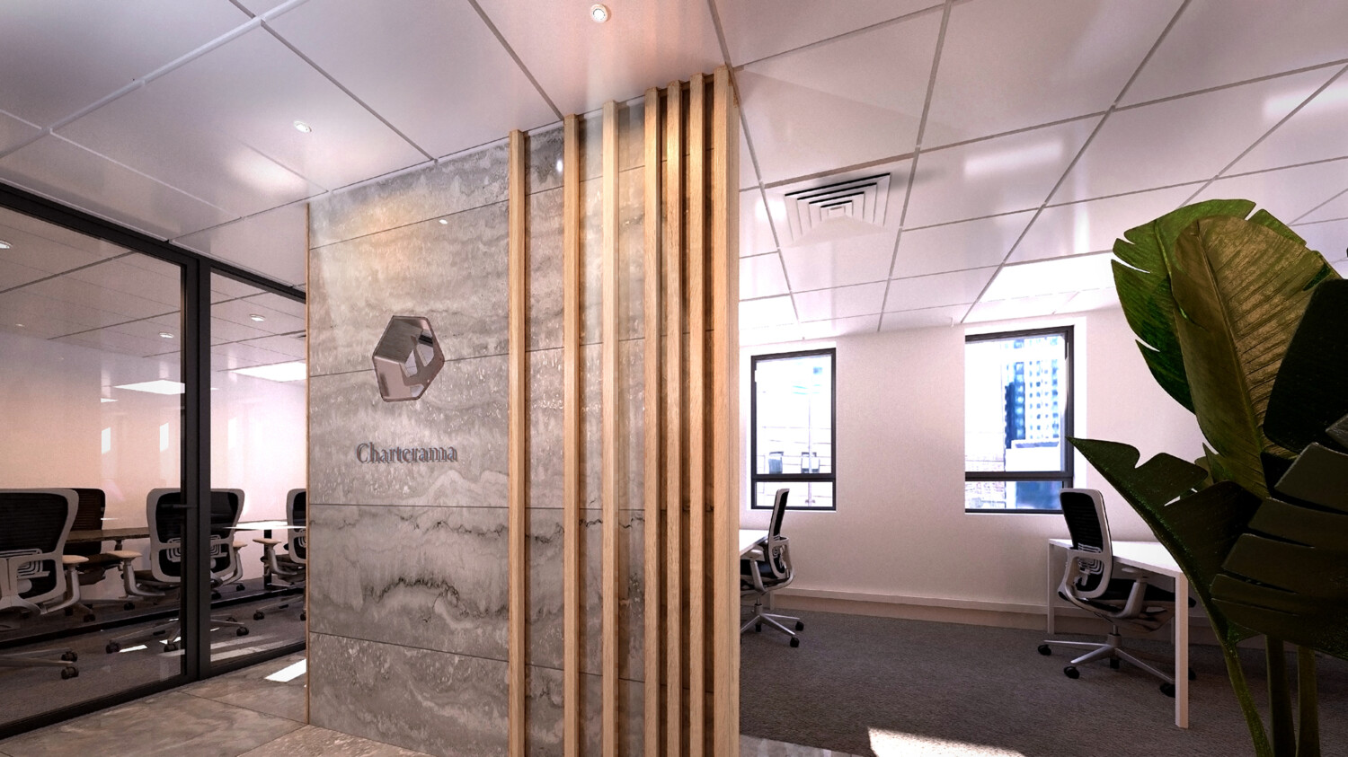 Rendering of Charterama office interior with wood cladding louvers and ceramic tile with stone pattern in Sheung Wan Hong Kong