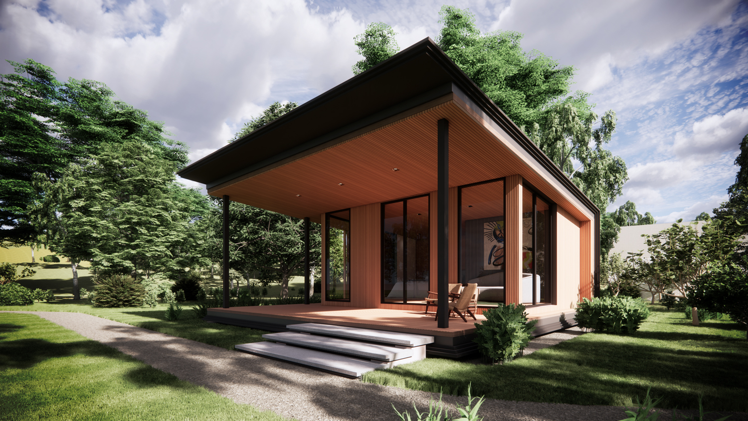 Architectural Rendering of Yang Chum Noi Villa Suit in Sisaket Thailand -Exterior view with wood walls and black metal cladding