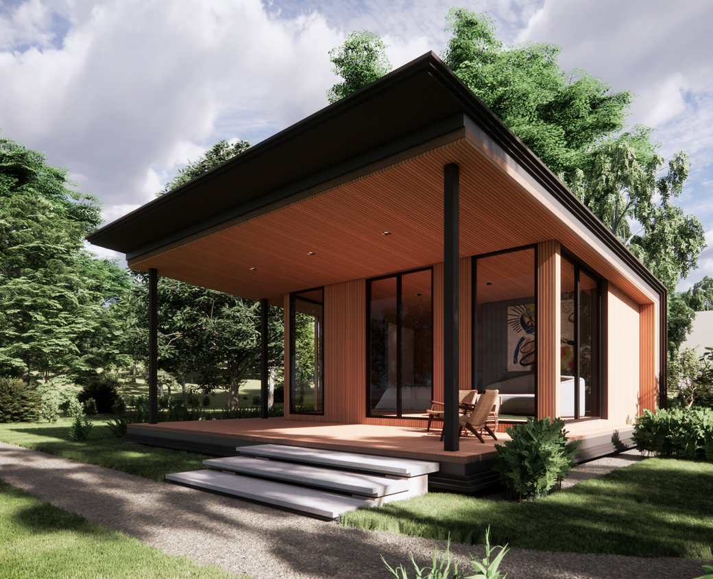 Architectural Rendering of Yang Chum Noi Villa Suit in Sisaket Thailand -Exterior view with wood walls and black metal cladding