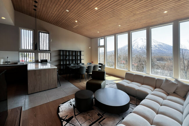 Yugen House Living Room with a view of Mt. Yotei through the windows