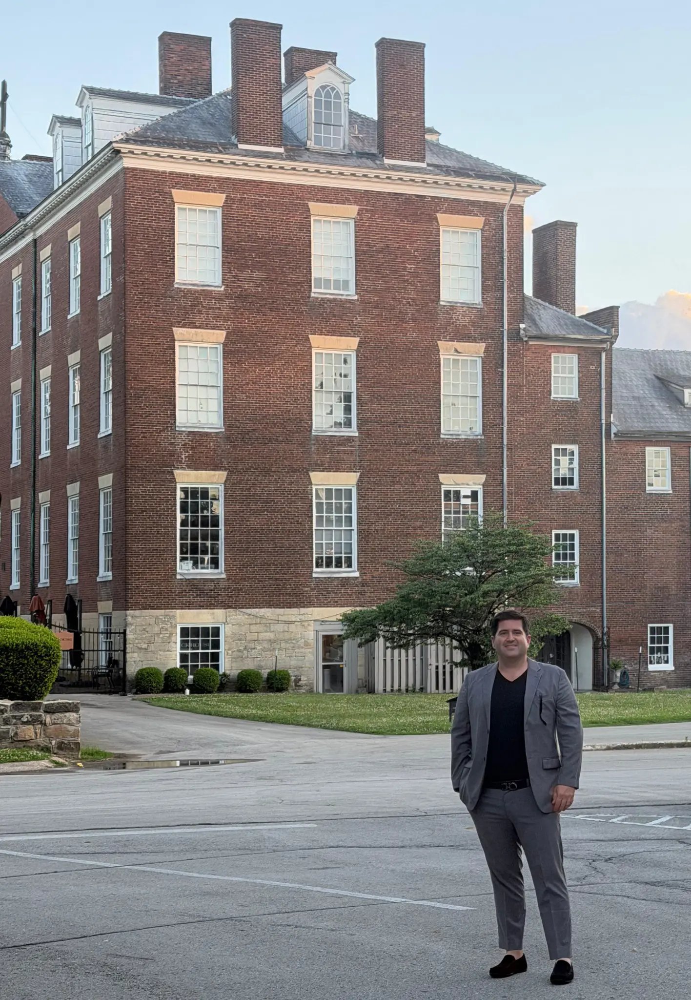 STEAD Bardstown Kentucky Getz Museum – Sean Ellis at Spalding Hall Sean Ellis of STEAD Architecture standing in front of the historic Spalding Hall in Bardstown, Kentucky, home of the Getz Museum