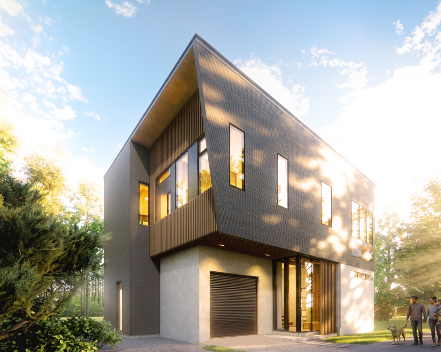 Kawaishi House Exterior Architectural Rendering, black metal cladding and grey exterior plaster in Niseko Japan by STEAD Architecture and Design