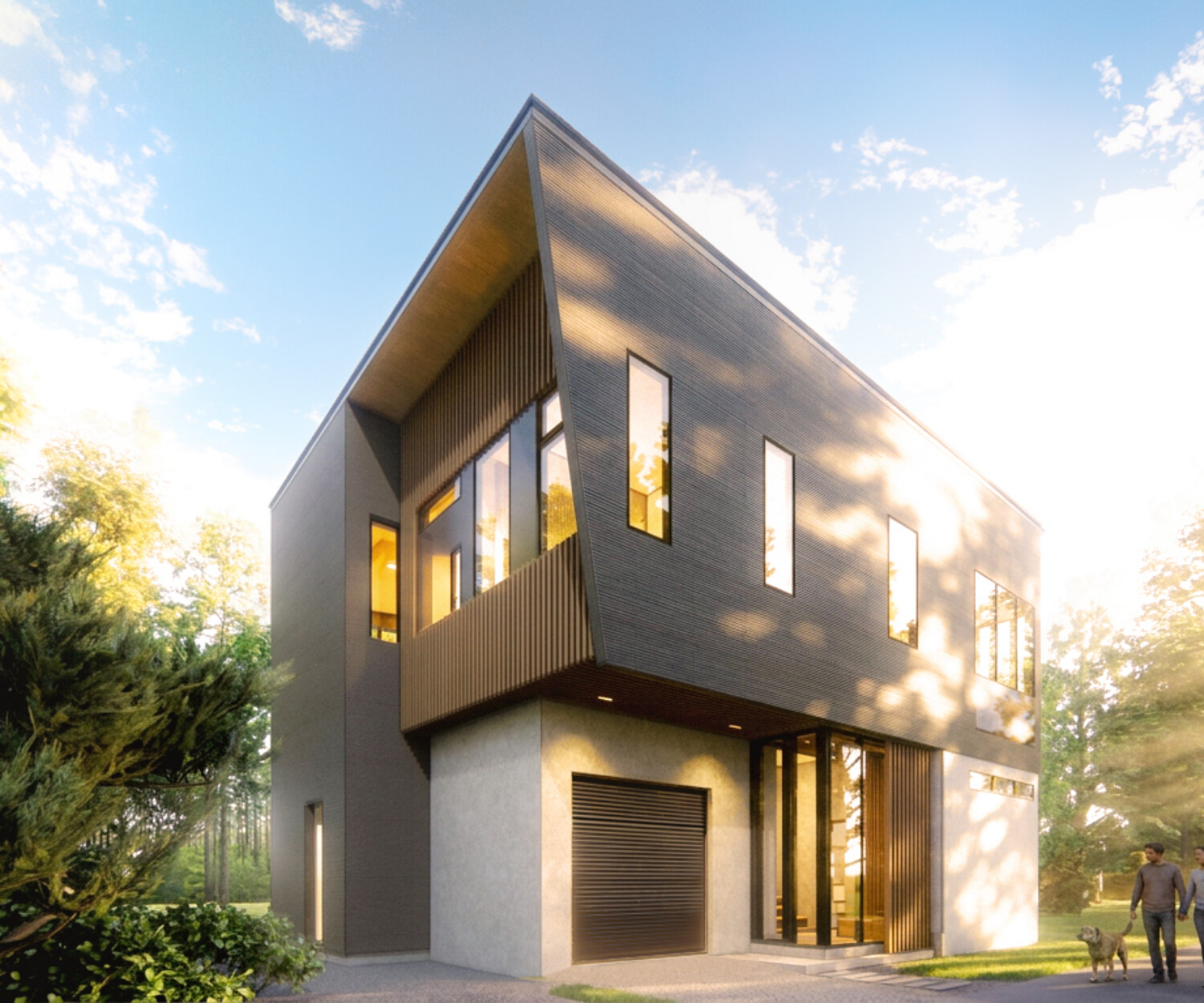 Kawaishi House Exterior Architectural Rendering, black metal cladding and grey exterior plaster in Niseko Japan by STEAD Architecture and Design