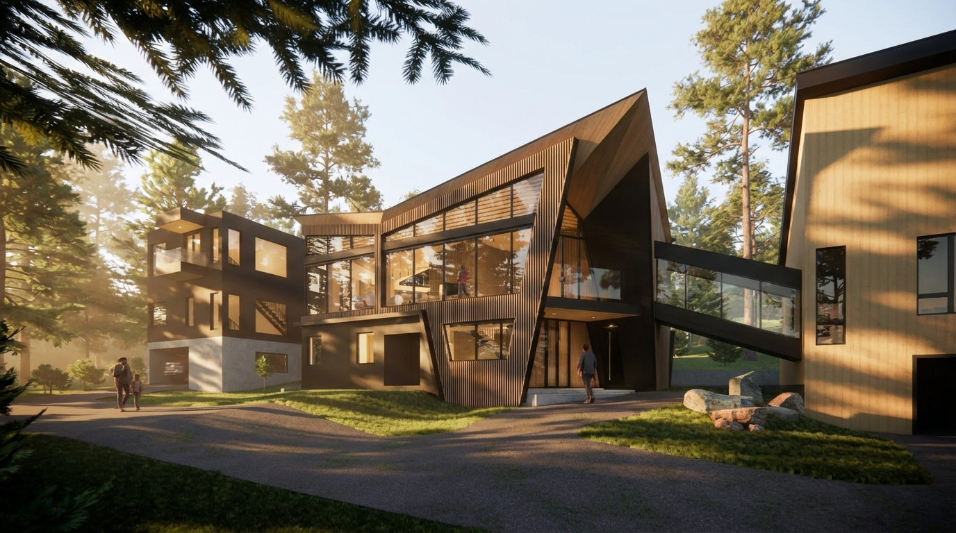Origami House in Niseko Japan. Timber slats on a house in inspired by a paper origami Airplane.